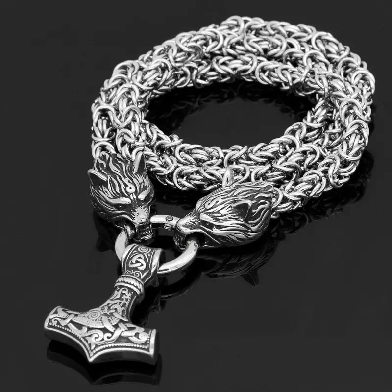 Viking Wolf Head Mjolnir Necklace