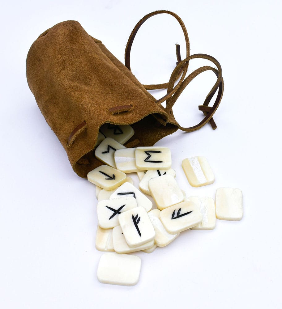 Viking Bone Tile Rune Set with Suede Leather Bag – Set of 25 Tiles