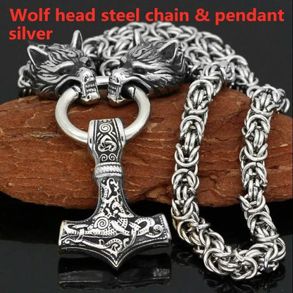 Viking Wolf Head Mjolnir Necklace