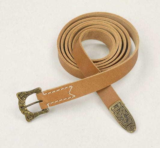 Natural Leather Viking Belt with Knotwork Buckle & Chape